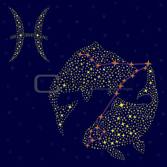 Zodiac sign Pisces over starry sky
