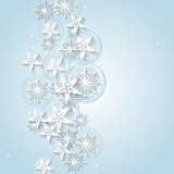 Light blue Christmas background with winter flowers and snowflakes