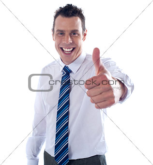 Young executive showing thumbs up