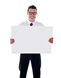 Representative holding blank signboard