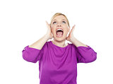 Woman shouting with hands on ears