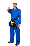 Worker with tools bag showing thumbs up