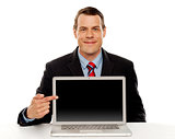 Businessman pointing at blank laptop screen