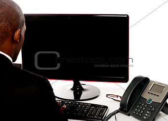 Rear view of male executive working on pc