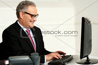 Cheerful aged man working on computer