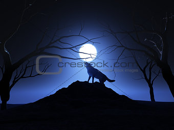 3D render of a wolf howling at the moon