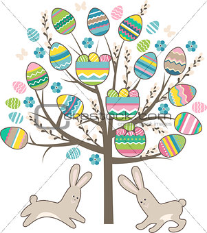 Stylized tree with rabbits isolated on white
