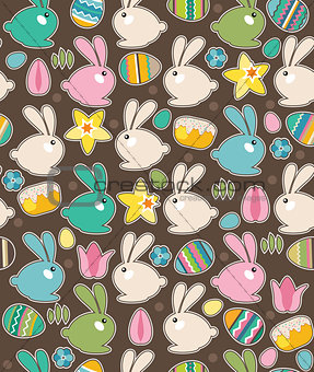 Seamless pattern with easter rabbits and spring flowers