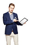Man pointing something on tablet