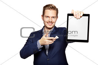 Man pointing at digital tablet