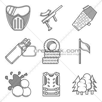 Black line icons vector collection of paintball equipment