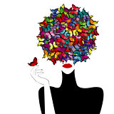 Stylized woman wiith colored butterflies on her head