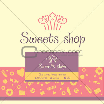 Vector logo, business card for a candy store. Background of sladstey cookies, candy.