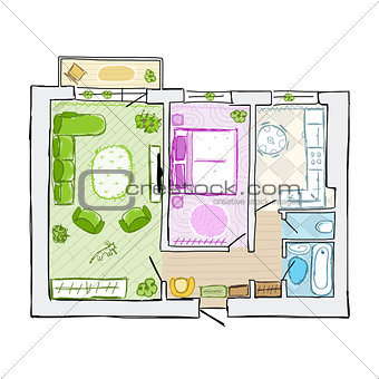 Sketch of design interior apartment, hand drawn vector illustration