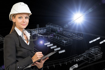 Business woman holding clipboard. Wire-frame render of industrial zone on background