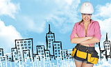 Woman in tool belt and helmet. Sketch buildings as backdrop