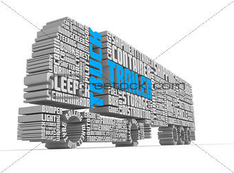 3d words shaping a truck with trailer lower front view
