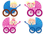 Four strollers with baby-boys and baby-girls