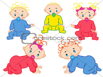 Five babies isolated on white background