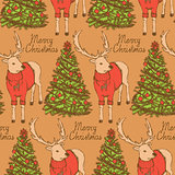 Sketch Christmas reindeer and New Year tree vintage style