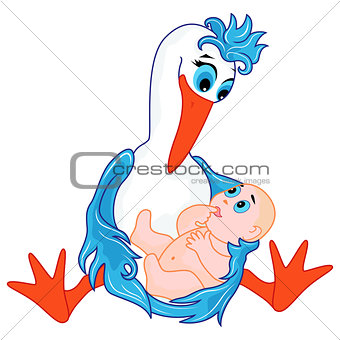 Amusing stork holding a newborn baby