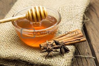 Honey in bowl on canvas background