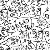 Funny faces seamless background, black and white lines vector ca