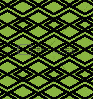 Geometric lined seamless pattern, colorful vector endless background. Symmetric decorative motif texture with intertwine rhombs created from black lines. Green. EPS8