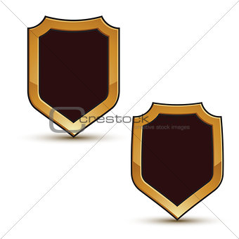 Renown vector black shield shape emblems with golden borders, 3d
