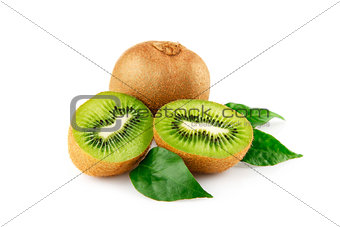 Juicy kiwi fruit and leaves isolated on white background