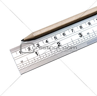 Ruler and pencil isolated on white background