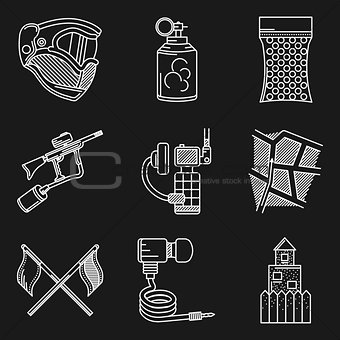 Set of white line vector icons for paintball