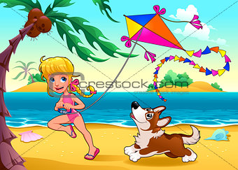 Funny scene with girl and dog on the beach