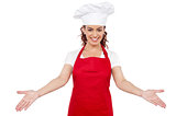 Smiling woman chef welcoming you