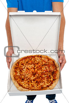 A picture of an  open pizza box.