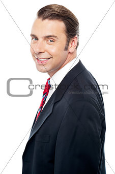 Side pose of smiling caucasian business person