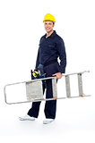 Repairman holding stepladder, ready to go to work