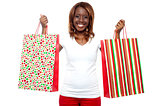 Woman carrying shopping bags in both the hands