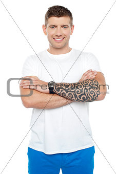 Masculine chap with massive tattoos