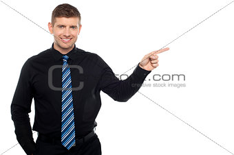 Cheerful business consultant pointing at the copy space area