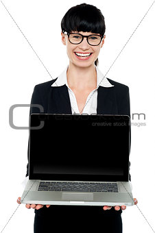 Confident young executive presenting laptop
