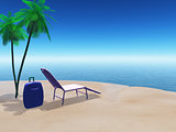 Beach scene with suitcase and sun lounger