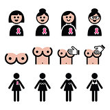 Breast cancer, woman with pink ribbon icons set