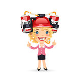 Office Girl with Red Beer Helmet on Her Head