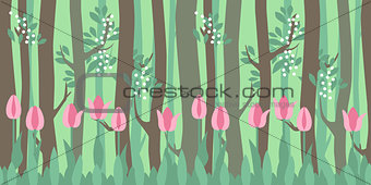 Seamless horizontal pattern with tulips and trees