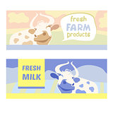 Fresh farm products. Happy cow on meadow. Editable banner. Rustic natural products. Agricultural.Cow.