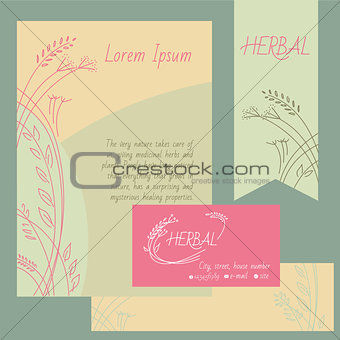 Set of design elements. Business cards, flyers, check, background.