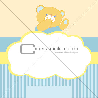 Vector background with teddy bear. Kiss, love, space for text. Card for newborn boy. Goods for newborns. Blue