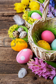Basket with colored eggs  