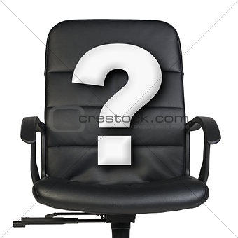 White question mark stands in chair. Isolated on white background